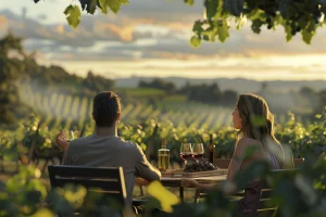 Pareja cena en un restaurante en viñedo.