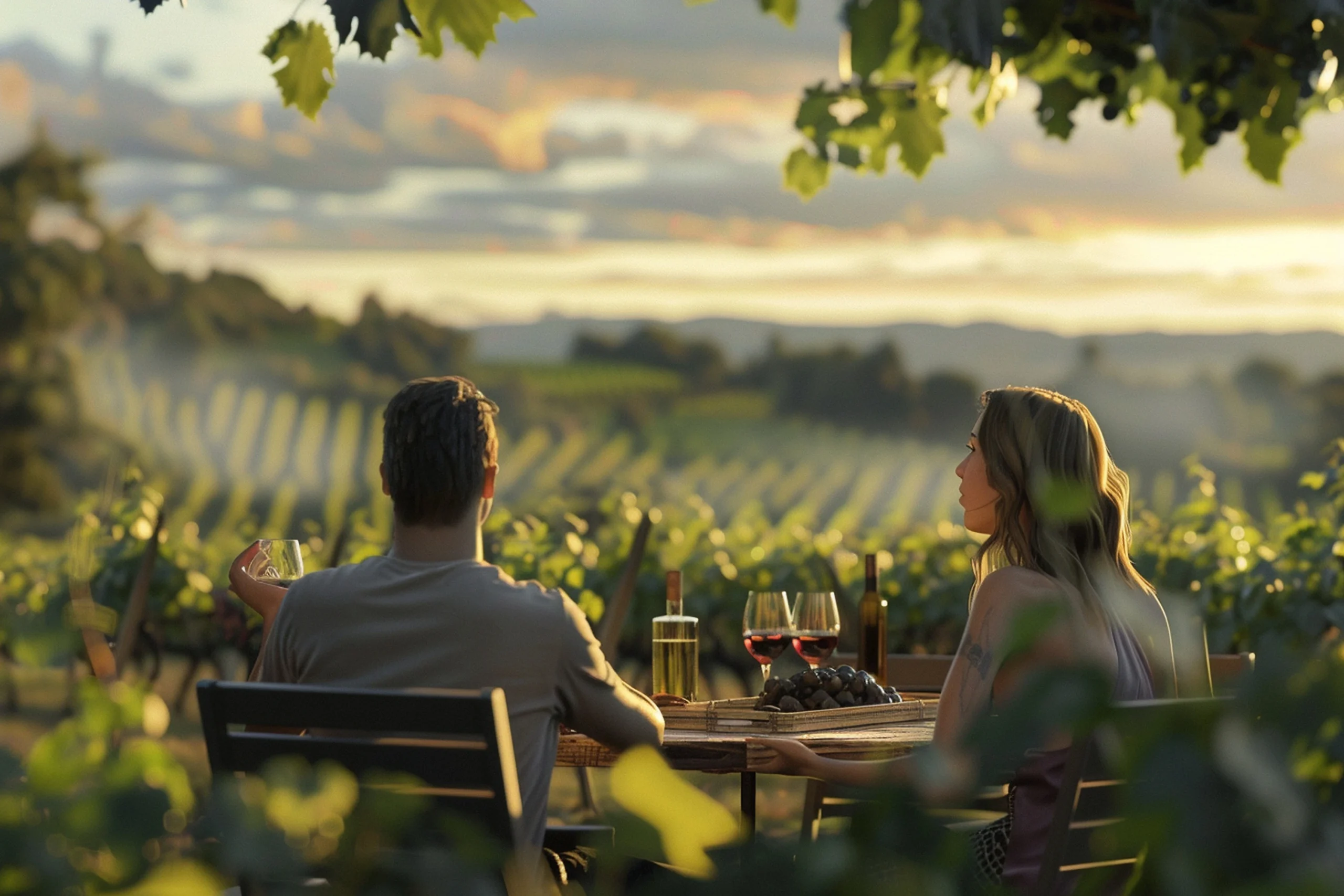 Pareja cena en un restaurante en viñedo.