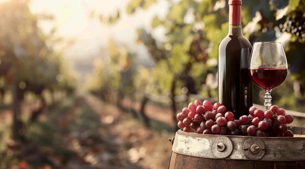 Vino tinto y uvas sobre un barril frente a un viñedo.