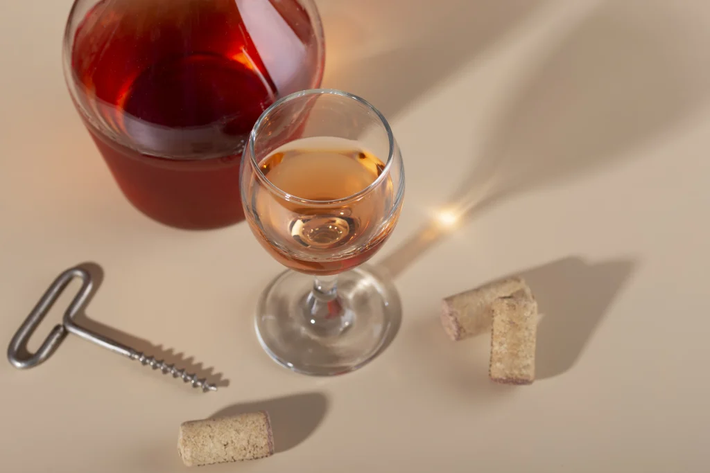 Vino rosé sobre una mesa con utencilios.